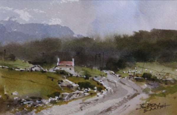 Jerry Smith 4x6 WC Foothills Homestead: Jerry Smith (IN, 1944- ), 3.75 x 5.75 Watercolor, Signed Lower Right, Depicting Foothills Homestead in Early Spring