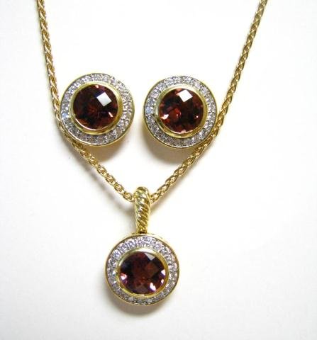 David Yurman 18K Pink Tourmaline Pendant, Earrings: David Yurman, 18K yellow gold faceted pink tourmaline and diamond pendant and earrings
