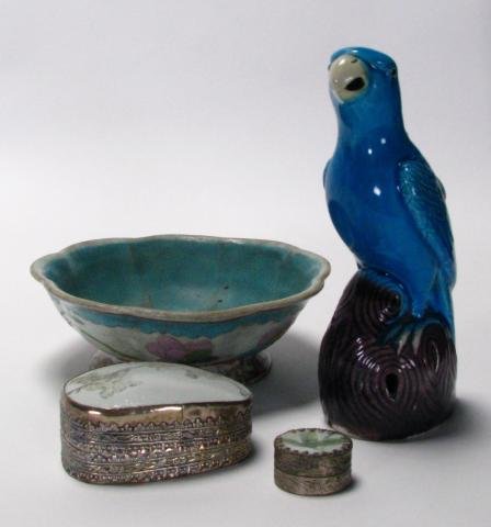 Oriental Porcelain Group: Four items of Oriental porcelain including 8" exotic bird, two pill boxes and pottery bowl with pedestal base