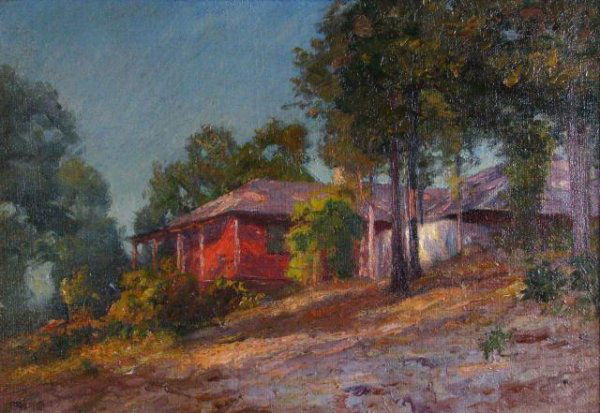 TC Steele 16x23 O/C House of the Singing Winds: Theodore Clement Steele (American, 1847-1926) 16 x 23 oil on canvas, unsigned, with letter of provenance from the Lieber family from artist to the Lieber family, authenticated by descendants of