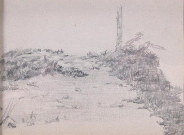 TC Steele 8x10 Graphite Landscape Study: Theodore Clement Steele (1847-1926), Landscape Study, Graphite on paper, 7 7/8 x 10 1/8 in. (20 x 25.6 cm), Unsigned, mat size 14 1/4 x 17