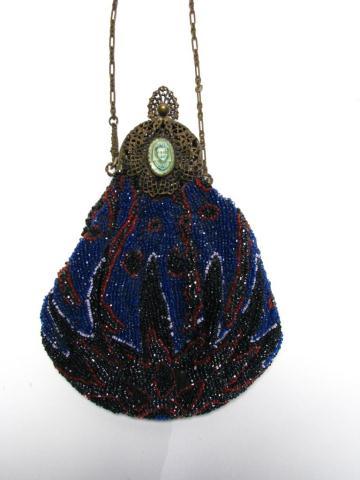Antique Beaded Hand Bag: Antique beaded hand bag with carved stone cameo insert, on brass finish, reticulated frame, fabric liner (in poor condition), few areas of missing beads