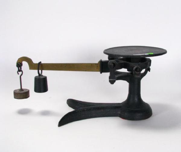 Antique Beam Scale: Antique beam scale, with cast iron base, brass beam, and cast weights