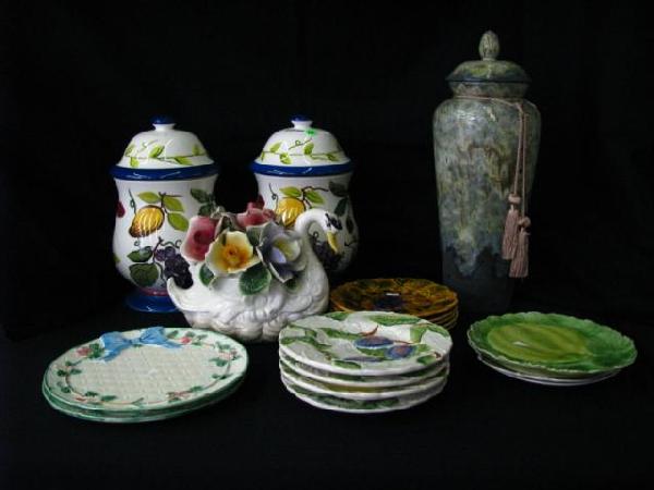 Lot of Decorator Porcelain: Lot of Decorator Porcelain including pair of lidded jars, set of five 7.5" majolica style fruit plates, set of four Italian fruit plates, pair of basket weave cookie platters, three other plates,