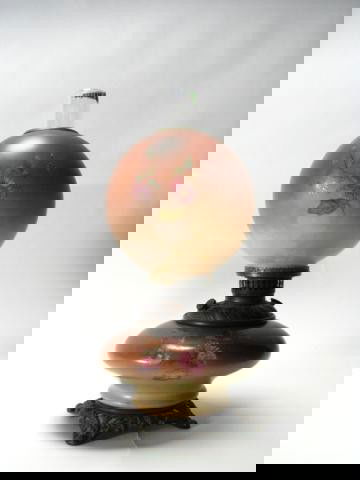 Antique Table Lamp, Oil, Hand Painted: Antique oil lamp, hand painted glass base and shade, signed 11/79, Frankfort Indiana, 22 inches high, with cast metal base and bronze-finish tank