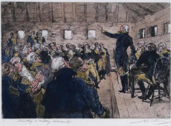A.E. Sterner, Color Etching, Colonial Era: Albert Edward Sterner (NY, 1863-1946) Color Etching, Signed Lower Right, "Presenting a Military Dictatorship", #14, site size 10" x 14.25", as framed 19.5" x 22.5", Provenance to the