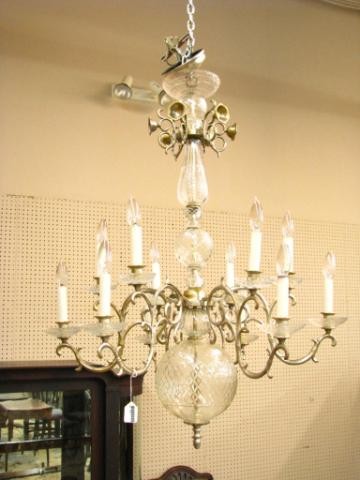 Vintage Brass and Crystal Chandelier: Vintage brass and crystal chandelier, six branch with twelve candlestick motif lights, 36" high