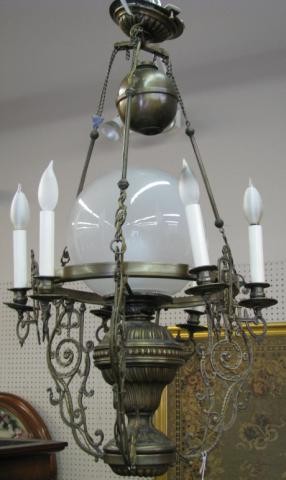 Victorian Style Hanging Light Fixture: Victorian Style Hanging Light Fixture, six branch, with down-table light underneath, cast metal frame, late 20th century, (mismatched glass globe)