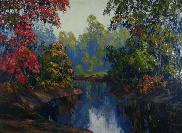 JW Hardrick 22x30 O/B Autumn Landscape: John Wesley Hardrick (IN, 1891-1968) 22x30 oil on board, unsigned, autumn landscape with creek