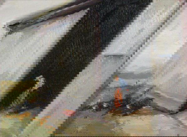 David Slonim 9x12 O/B Farmer: David Slonim (American, b 1966) 9 x 12 oil on board, signed lower left, depicting a farmer working inside a pole barn