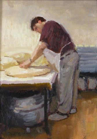 David Slonim 10x7 O/B Doughnut Maker: David Slonim (American, b 1966) 10 x 7 oil on board, signed lower left, depicting a man making doughnuts