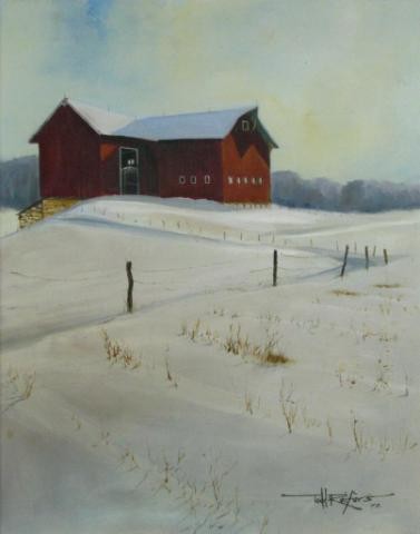 Todd Reifers 20x16 O/C Red Barn: Todd Reifers (IN, 1948- ), 20 x16 Oil on Canvas, Signed Lower Right 1972, Red Barn