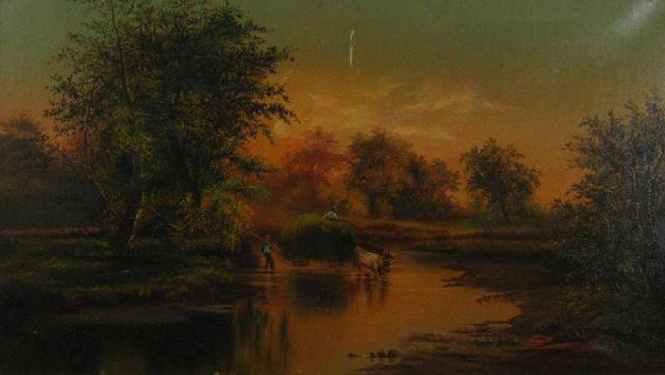 James M. Hart 16x28 O/C River Crossing: James McDougal Hart (NY, 1828-1901), 16 x 28 Oil on Canvas, Signed Lower Right, River Crossing, depicting oxen pulling a bunnel wagon, crossing a river, with figures, needs cleaning and restoration, s