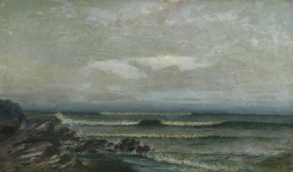 George H. Gay 18x30 O/C Rocky Seashore: George Howell Gay (NY, 1858 - 1931) 18x30 oil on canvas, signed lower right, Rocky Seashore, condition issues, surface dirt, needs cleaning and conservation