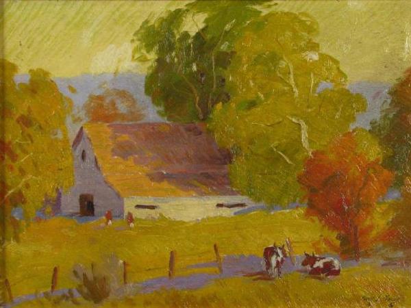 Percy L. Manser 12x16 O/B Landscape with Cows: Percy L. Manser (OR, 1886 - 1973) 12x16 Oil on Board, Signed Lower Right, Landscape with Cows and Barn, Rike-Kumler Company tag dated 1939 attached verso
