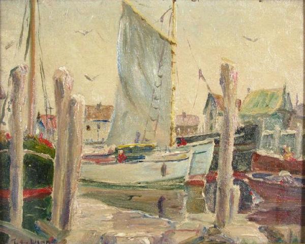 John Ward Pair of 8 x 10 Harbor Scene Oils: John Ward (Mass., act. 1930's), Pair of 8 x 10 oil on board, signed lower left and signed lower right, depicting New England Harbor Scenes (artist from Marblehead, Mass.), surface dirt, needs cleaning