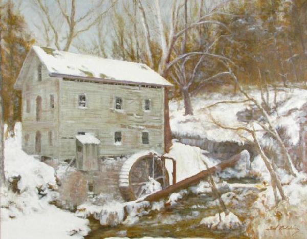 Ted Bolding 22x28 O/C Mill in Winter: Ted Bolding (IN, 1913-1998), 22 x 28 Oil on Canvas, Signed Lower Right, Mill In Winter, in 28.75 x 34.75 Frame