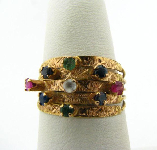 Three Yellow Gold Rings: Three yellow gold rings including 10K Connecticut College class ring, unmarked multi-stone ring, 10K Scottish Rite ring inscribed inside, "Virtus Junxit Mors Non Separabit" (translated = "Whom virtue 