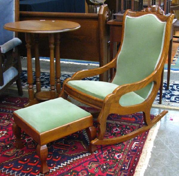 Victorian Rocking Chair with Ottoman: Victorian Rocking Chair with Ottoman, fruit and nut carved back, both pieces reupholstered, walnut frame, ottoman is newer