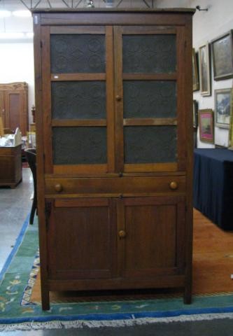 Antique Twelve Tin Pie Safe: Antique Twelve Tin Pie Safe, cupboard drawers and door in base, repair on front doors, some cracking and bowing on top section, 73" high