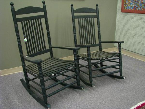 Pair of Country Style Porch Rockers: Pair of country style porch rockers, slatted seats, spindle back, black painted finish (not old)