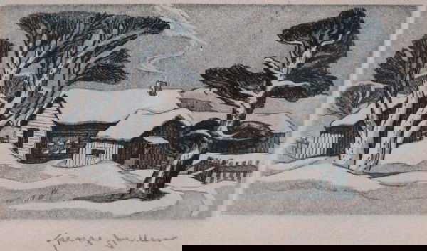 George Jo Mess Etching, Homestead in Winter: George Jo Mess (1898-1962, IN), etching, Homestead in Winter, image size 2.125" x 4.125", Signed Lower Right, size as framed 8.375" x 10.375"