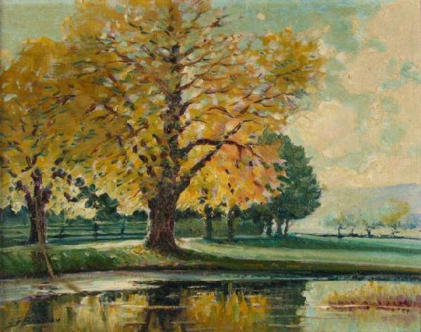 GF Bastian Two 8x10 Landscapes: Pair of Glenn F. Bastian (IN, 1890-1966) Landscape Paintings including 8 x 10 Oil on Board, Signed Lower Left, Titled Verso "Autumnal Reflections", and 8 x 10 Oil On Board, Signed Lower Right, Titled 