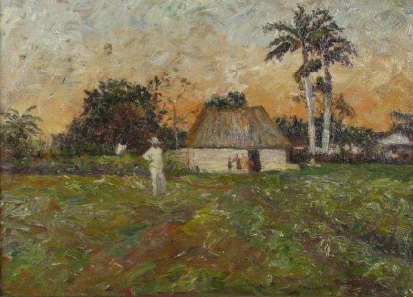 Unsigned 10x14 O/C Plantation Family: Unsigned, 10 x 14 Oil on Canvas, Depicting Plantation Family, surface dirt, needs cleaning and restoration, gift dated, December 29, 1921