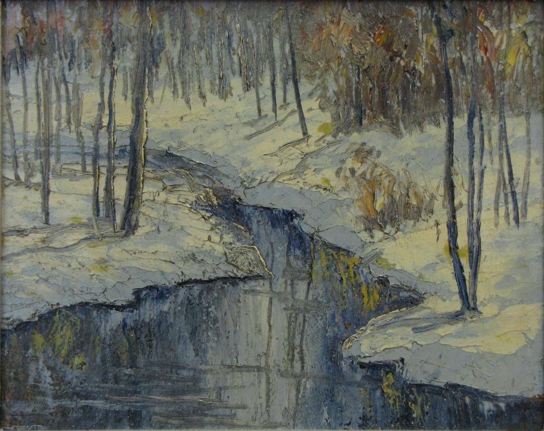 John Wesley Hardrick 8x10 O/B Early Winter Creek: John Wesley Hardrick (IN, 1891-1968) 8x10 , O/B , Early Winter Creek Size as framed 10.5" x 12.5" x 1", unsigned