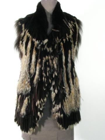 Dark Brown Rex Rabbit Vest-Knitted & w/Fox fringes: Dark Brown Rex Rabbit Vest-Knitted & w/Fox fringes "Rizal" , Size Med , Length 28 , Retail Price $1,950 , Stock # 016458