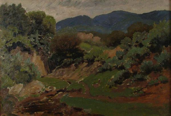 FJ Girardin 9 x 14 O/B "Canyon Stream": Frank Joseph Girardin (IN, 1856-1945), 9.25 x 13.5 Oil on Board, Unsigned, "Canyon Stream", estate authentication label attached verso