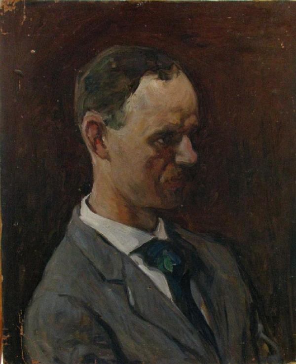 Clifton Wheeler 22x18 O/B Self Portrait: Clifton A. Wheeler (IN, 1883-1953), 21.75 x 18 Oil on Board, unsigned, self portrait, unframed, authentication inscription verso by Carl Lyman