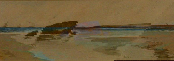 Manner of F.A. Silva 9x22 WC Seascape: Manner of Francis Augustus Silva 9x22, Watercolor, Signed 'Silva' Lower Left, Seascape with Distant Sailboats, circa 1900, inscribed verso "North Shore, Cape Ann Coast, Gloucester, Mass"