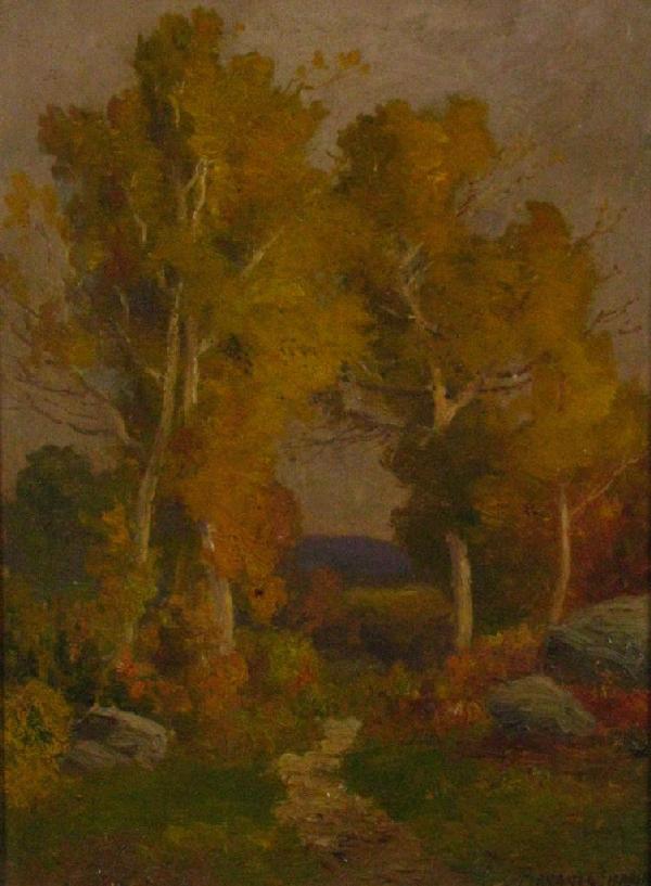 Bryant Chapin 16x12 O/C "Birches, North Adams, Mas: Bryant Chapin (MA, 1859-1927), 16 x 12 Oil on Canvas, Signed Lower Right, Titled in pencil Verso, "Birches, North Adams, Mass", depicting an autumn landscape