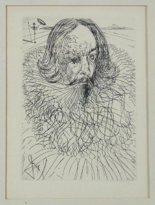 Salvador Dali "Cervantes" Etching: Salvador Dali (France/Spain, 1904-1989), 7 x 4.75 Etching, "Cervantes", depicting man in period attire, size as framed 15 x 12, with Collector's Guild, NY, Certificate of Authenticity attached verso