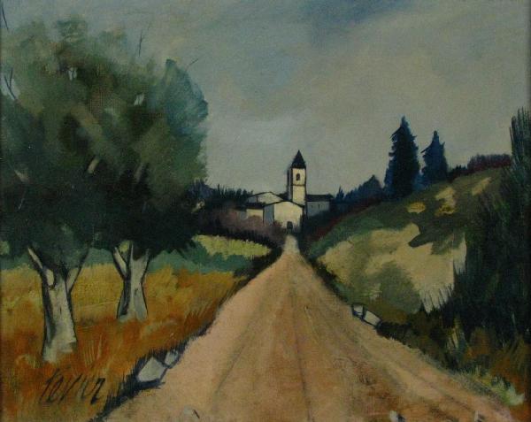 Ch. Levier 16x20 O/C "Village au Bout de La Route": Charles Levier (French/American, 1920-2004), 16 x 20 Oil on Canvas, Signed Lower Left, Titled and signed verso, "Village au Bout de La Route"