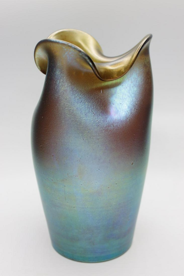 Loetz Iridescent Pinch Top Vase: A Loetz Iridescent pinch top vase, with rainbow iridescent coloring, 9.125" high, 4.75" diameter, not signed