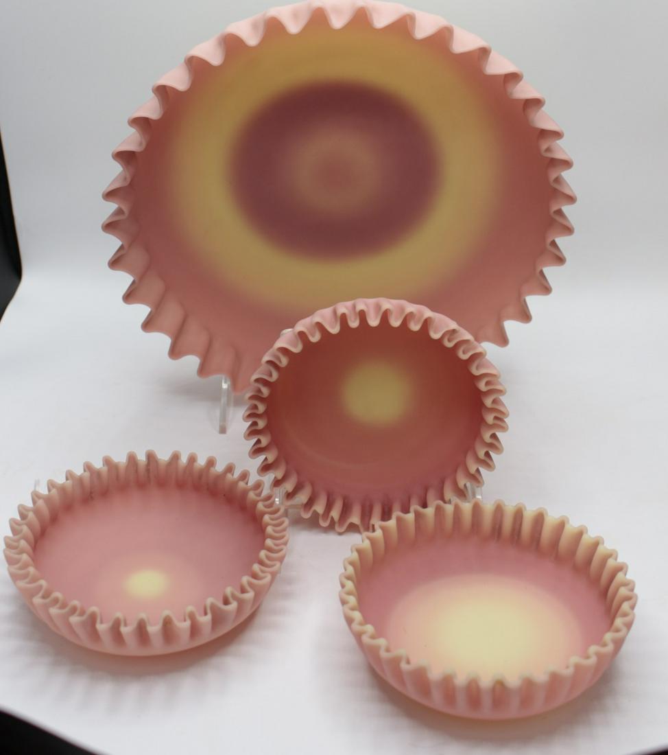 Mt. Washington Burmese Berry Set: Mt. Washington Burmese berry set including 9.25" serving bowl and three 4.75" individual bowls, all with crimped edges