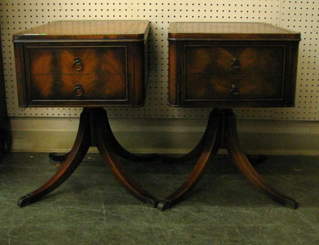 Pair of Vintage Mahogany End Tables: Pair of Vintage Mahogany End Tables with tooled leather insert tops and crotch cut mahogany veneer, Duncan Phyfe pedestal bases