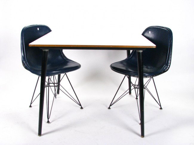 Eames/Herman Miller Mid-Century Table, Two Chair: Eames/Herman Miller Mid-Century Card Table, DTW-50, 34" square, with laminate multi-layered wood top and black painted wood legs, with two wire mesh metal chairs, with blue vinyl seat cushions (one ch