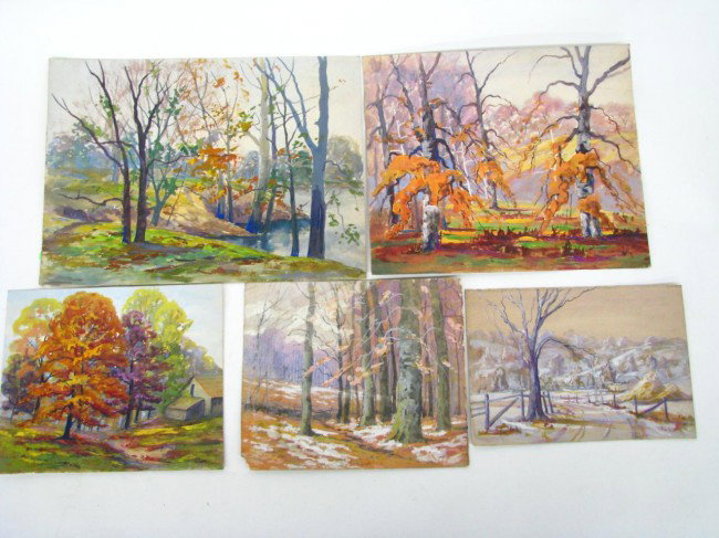 of Five Mae Lowes Seasonal Landscape Watercolors: Mae Dilliner Lowes (IN, 1905-2008), Collection of Five Winter and Autumn Landscapes, Watercolor on Artist Paper, Unsigned, Ranging in Size from 6.875 x 10 to 11.25 x 15