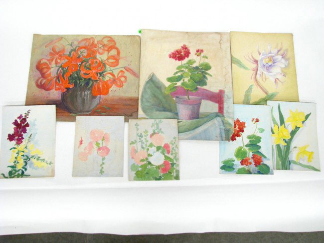 Mae Dilliner Lowes Eight Floral Landscapes: Mae Dilliner Lowes (IN, 1905-2008), Eight Floral Landscapes on Artist Paper including 16 x 19 Tiger Lilies, Signed Lower Right; 20 x 16 Potted Geranium, Signed Lower Right; 15 x 11.75 Unsigned Lily; 1