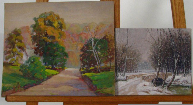 Collection of Mae Lowes Studies: Collection ofMae Dilliner Lowes (IN, 1905-2008) Studies including Man in Chair, Christmas Card with 5 x 6 signed painting inside (winter landscape), Mule, Figure Study, Village Study, Homestead Study,