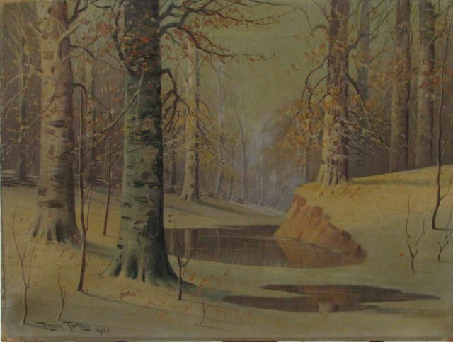 Bryan Tarlton 15 x 20 O/C "Snow Bank": Bryan Tarlton (IN, 1899-1962), 15 x 20 Oil on Canvas, Signed Lower Left 1943, entitled Verso "Snow Bank" Old Beech Woods, Unframed