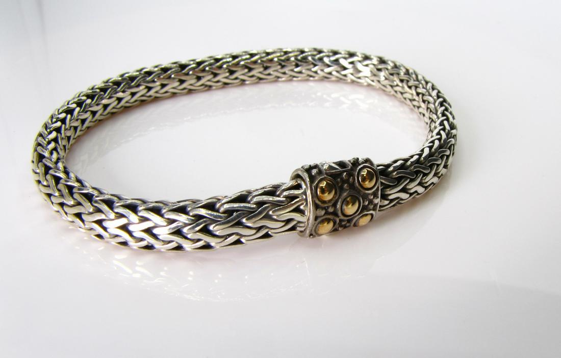 John Hardy Mesh Bracelet, 18K, Sterling: A like new John Hardy mesh bracelet with an 18K yellow gold and sterling silver clasp. 7.25" long
