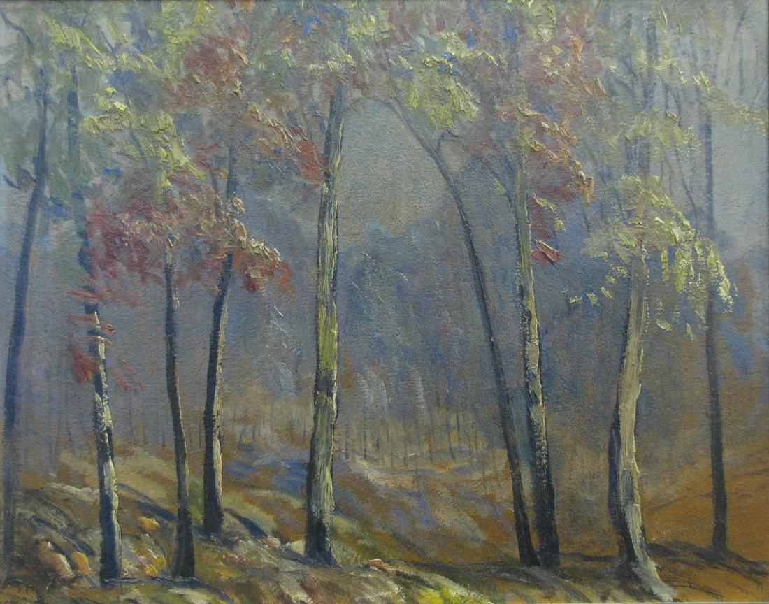 John Wesley Hardrick 15.5x19.5 O/B Autumn Interior: John Wesley Hardrick (IN, 1891-1968) 15.5x19.5 , O/B , Autumn Interior Woods size as framed 19" x 22.75". Unsigned.