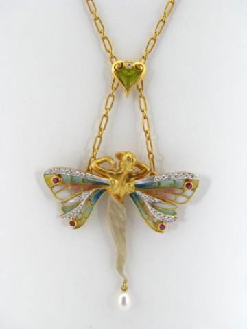 Masriera Art Nouveau Plique a Jour Nymph Pendant: Masriera 18k yellow gold with 22k gold wash Art Nouveau Plique a Jour Enameled Figural Nymph continuation of collection Pendant/Brooch with diamonds (VS1 G), rubies, and pearl drop, from original turn