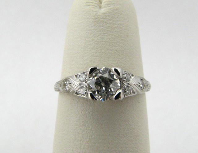 Estate Platinum Diamond Ring, .45ct Solitaire: Estate Platinum Diamond Ring with .45ct center stone, engraving and accent diamonds (355079)