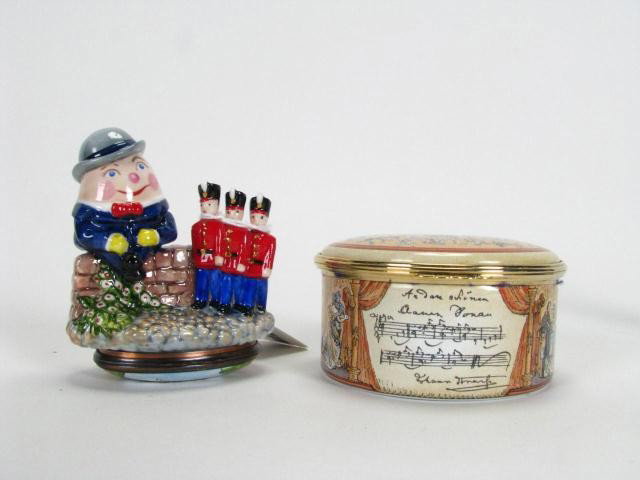 Two Halcyon Days Boxes, Janice Morgan: Two Halcyon Days boxes including music box commemorating Johann Strauss II, #125/250, signed by Janice Morgan 5-10-2000, and Humpty Dumpty, signed by Janice Morgan 11-6-1999