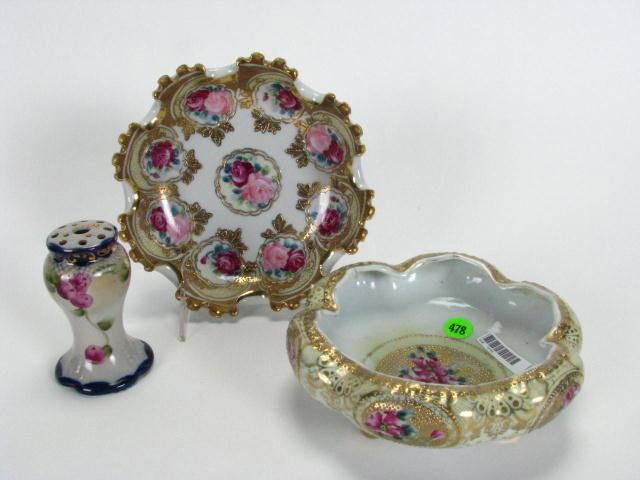 Three Items Hand-Painted Nippon: Three items of hand-painted Nippon porcelain, including 7-inch crimped edge bowl, 7-inch fluted edge bowl, hat pin holder, all with rose decoration and gold enameling